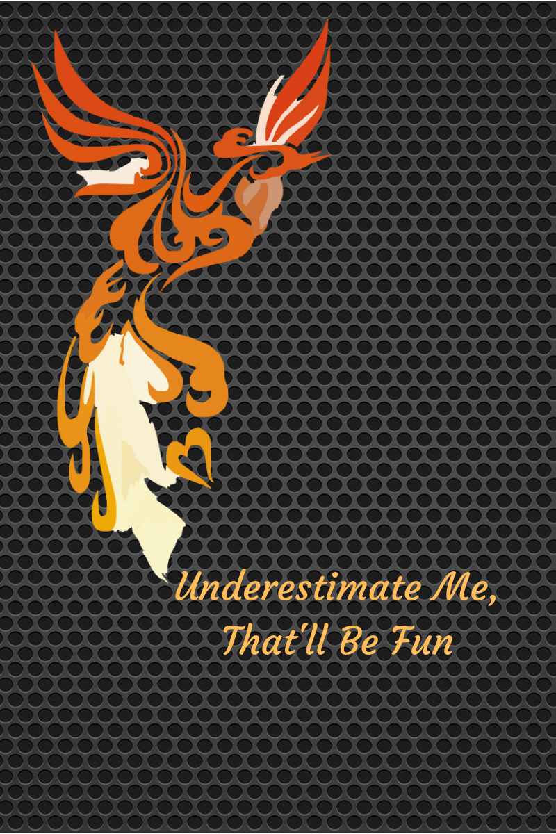 Phoenix bird on a black speaker grill background with text in orange that reads Underestimate Me, That will be fun