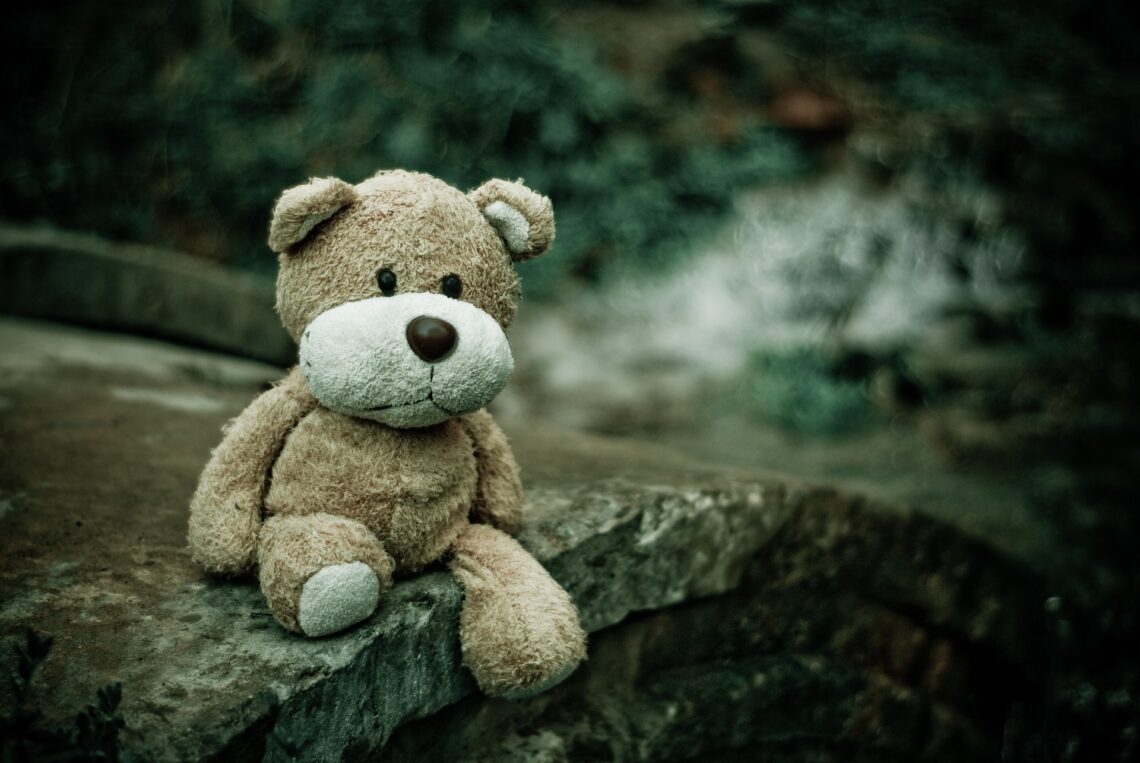 Sad teddy bear lost in the woods